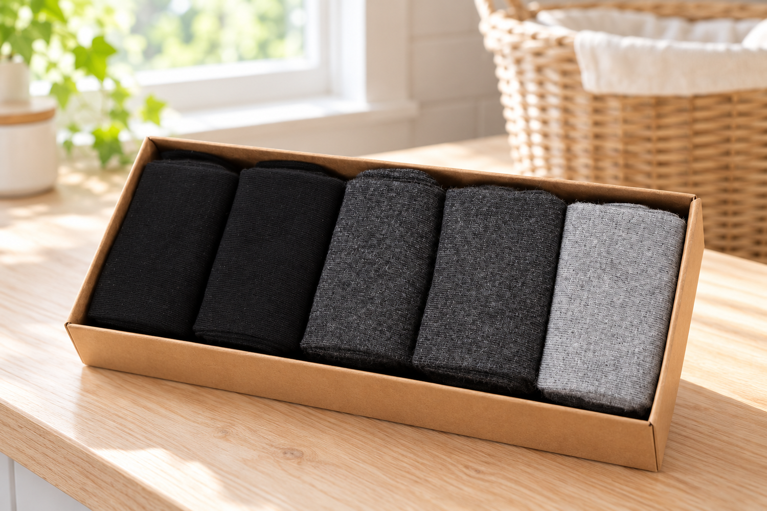 Open kartonnen doos met twee zwarte, twee antracietgrijze en één lichtgrijs paar sokken op een houten tafel.