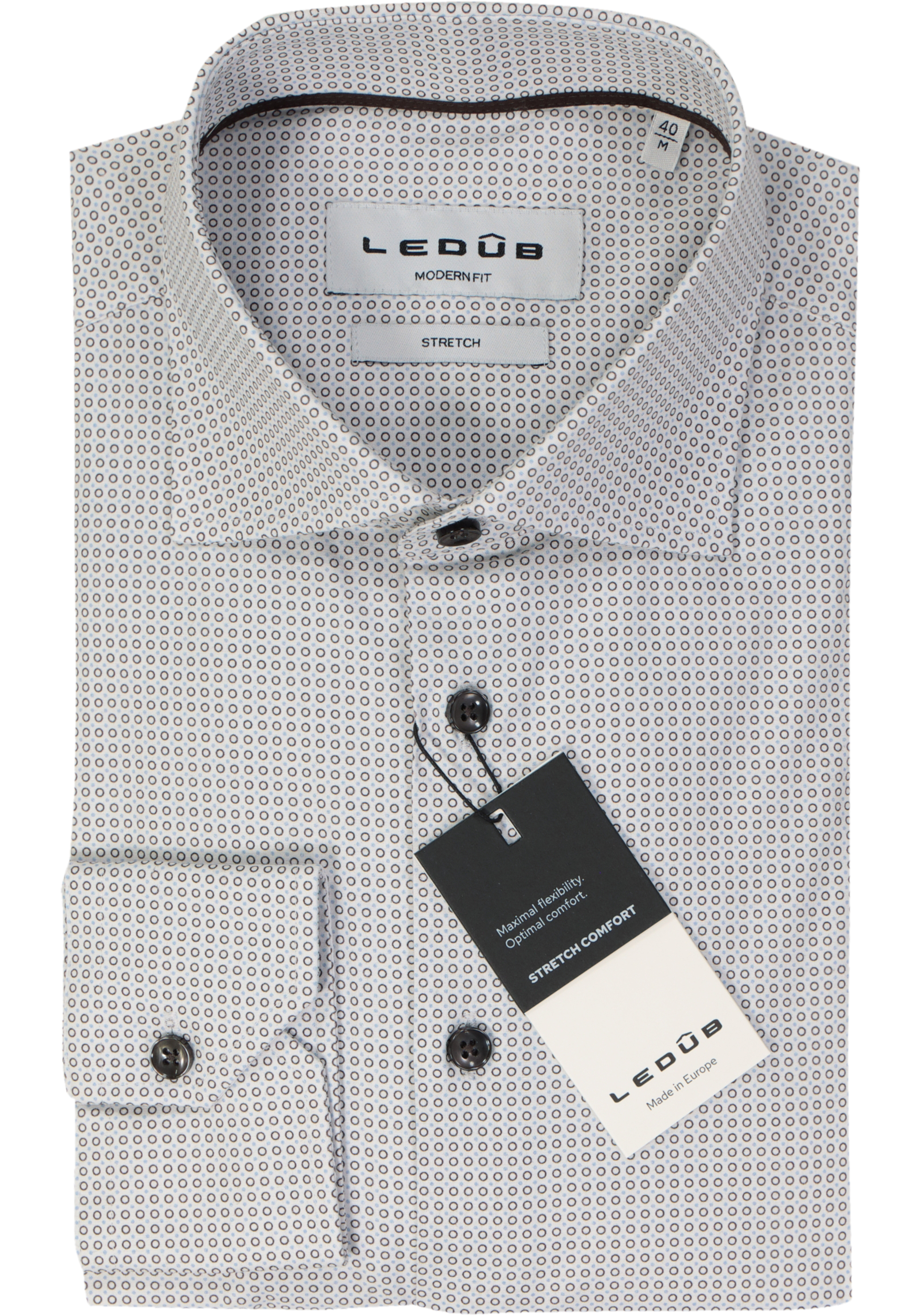 Ledub modern fit overhemd, popeline, donkerbruin met wit dessin