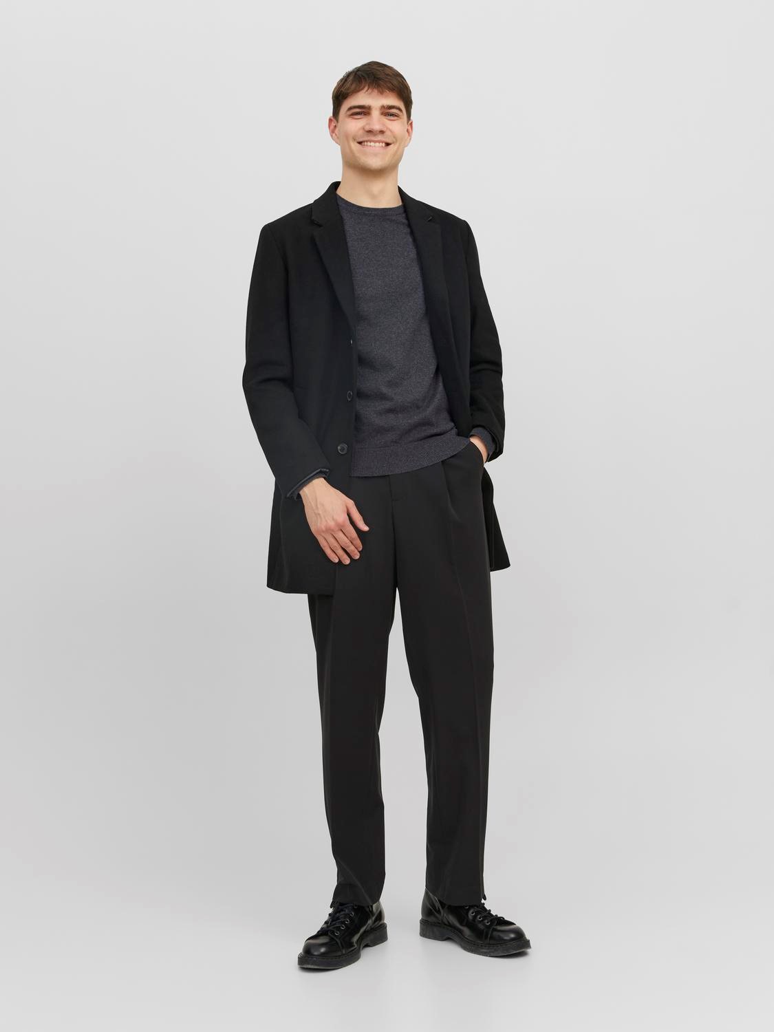 JACK & JONES Emil knit crew neck slim fit, heren pullover viscosemengsel met O-hals, donkergrijs melange