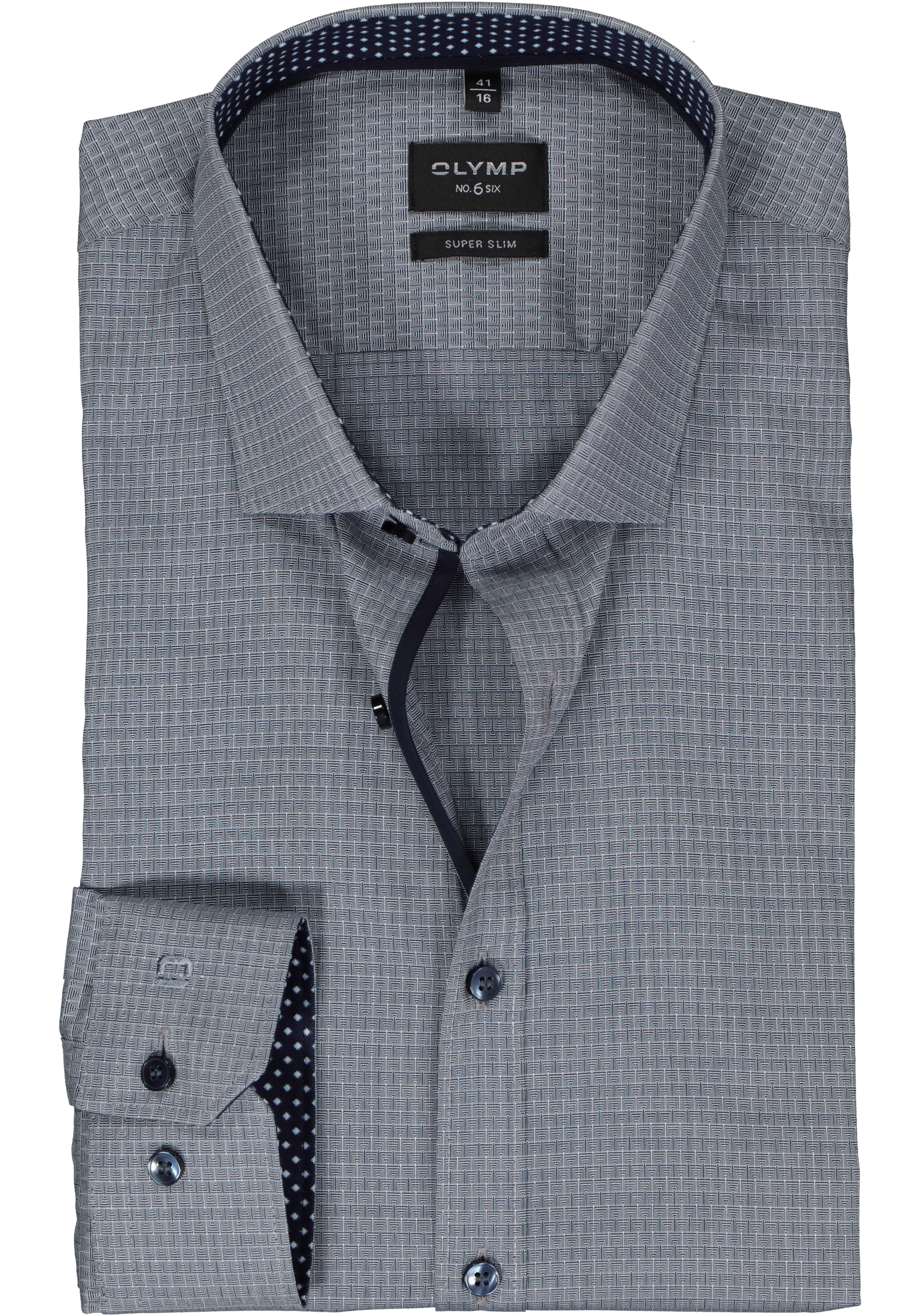 OLYMP No. 6 Six super slim fit overhemd, structuur, marine blauw mini dessin (contrast)