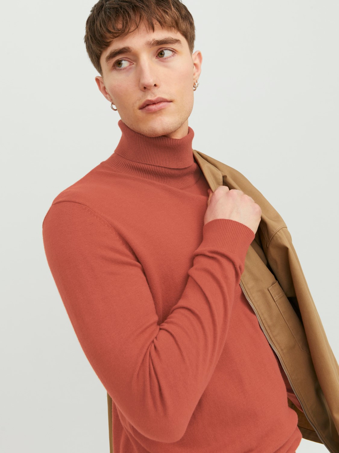 JACK & JONES Emil knit roll neck slim fit, heren pullover viscosemengsel met col, warm oranje