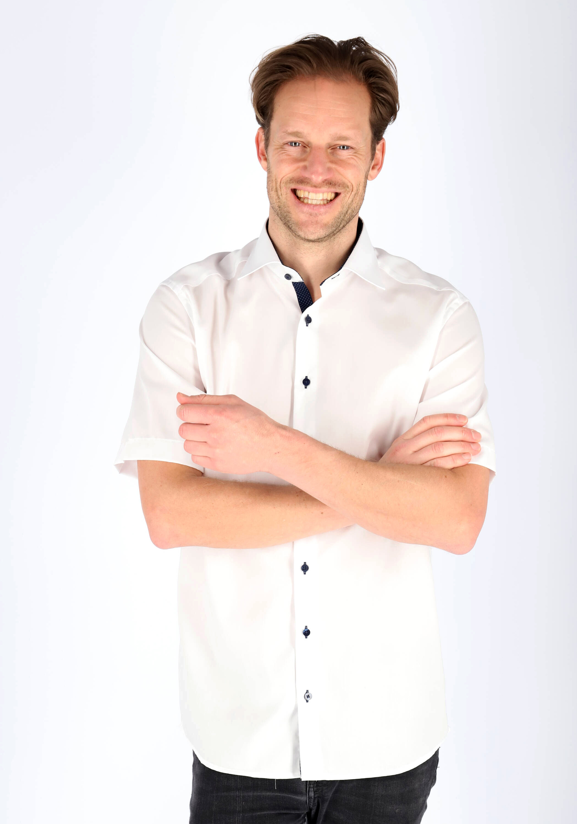 ETERNA modern fit overhemd, korte mouw, heren overhemd fijn Oxford, wit (blauw gestipt contrast)