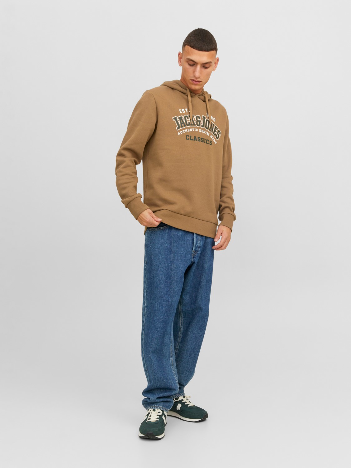 JACK & JONES Logo sweat hood regular fit, heren hoodie katoenmengsel met capuchon, camel bruin