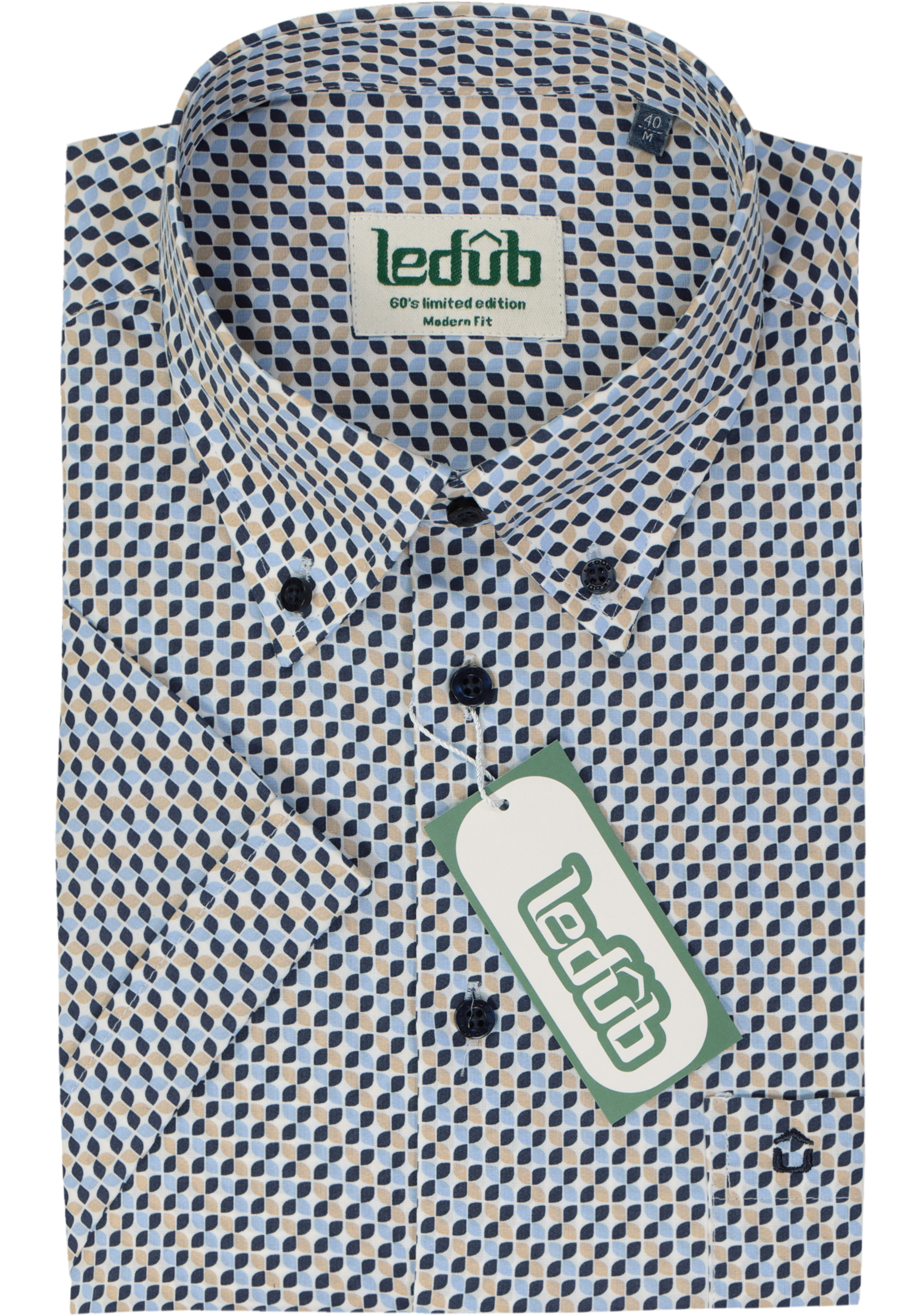 Ledub modern fit overhemd, korte mouw, popeline, donkerblauw dessin