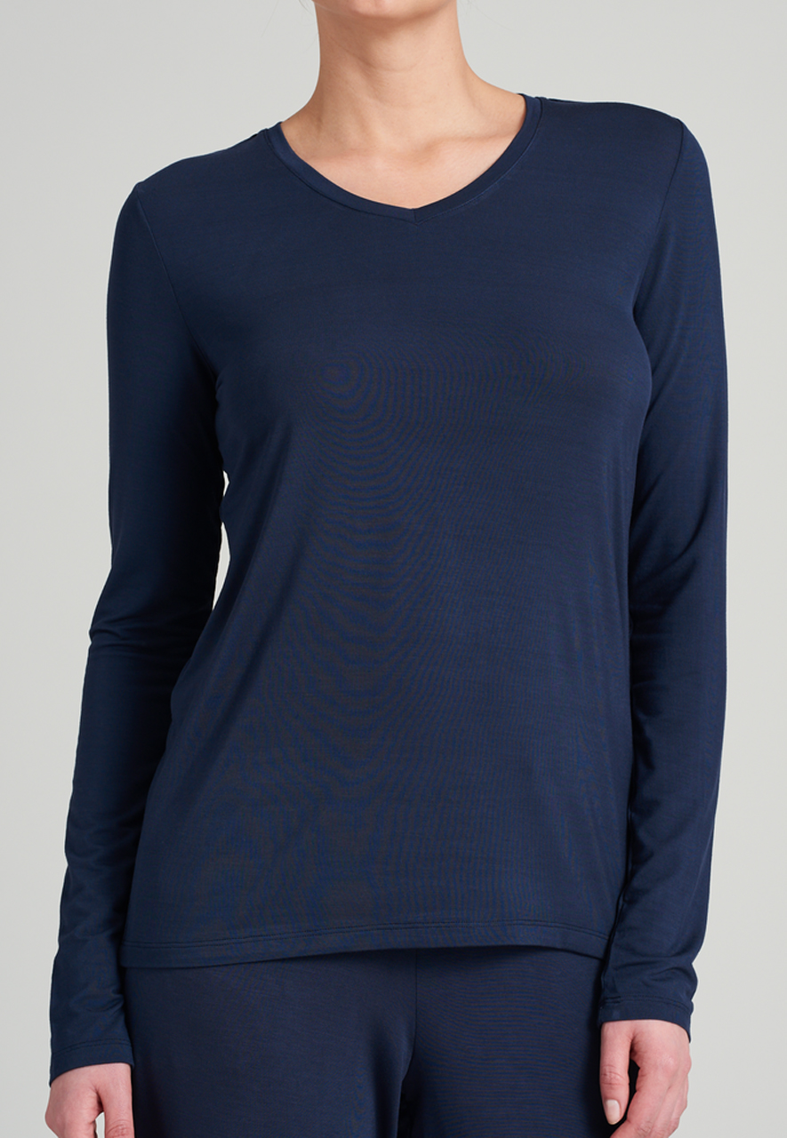 SCHIESSER Mix+Relax T-shirt, dames shirt lange mouwen modal v-hals blauw