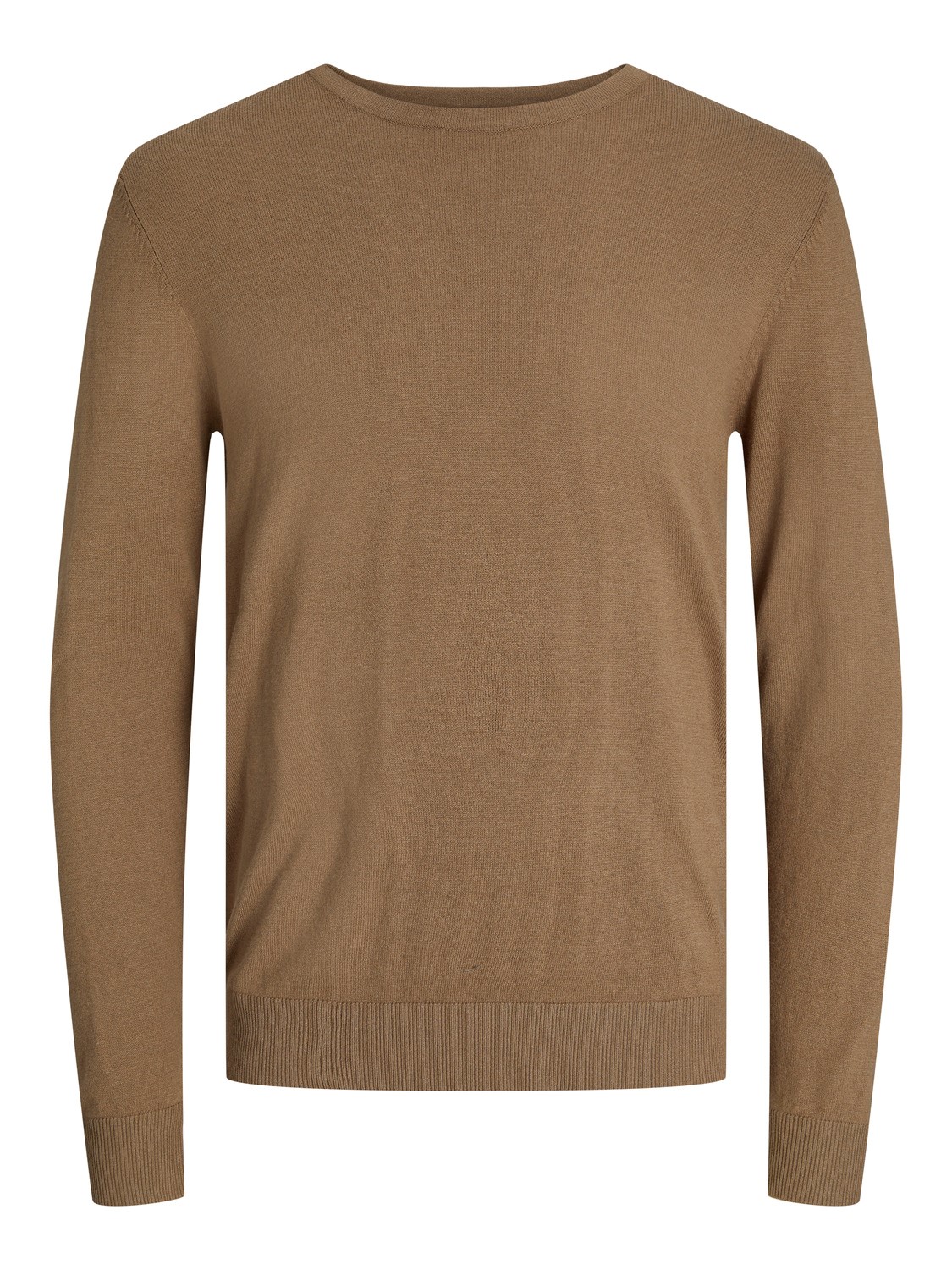 JACK & JONES Emil knit crew neck slim fit, heren pullover viscosemengsel met O-hals, camel bruin