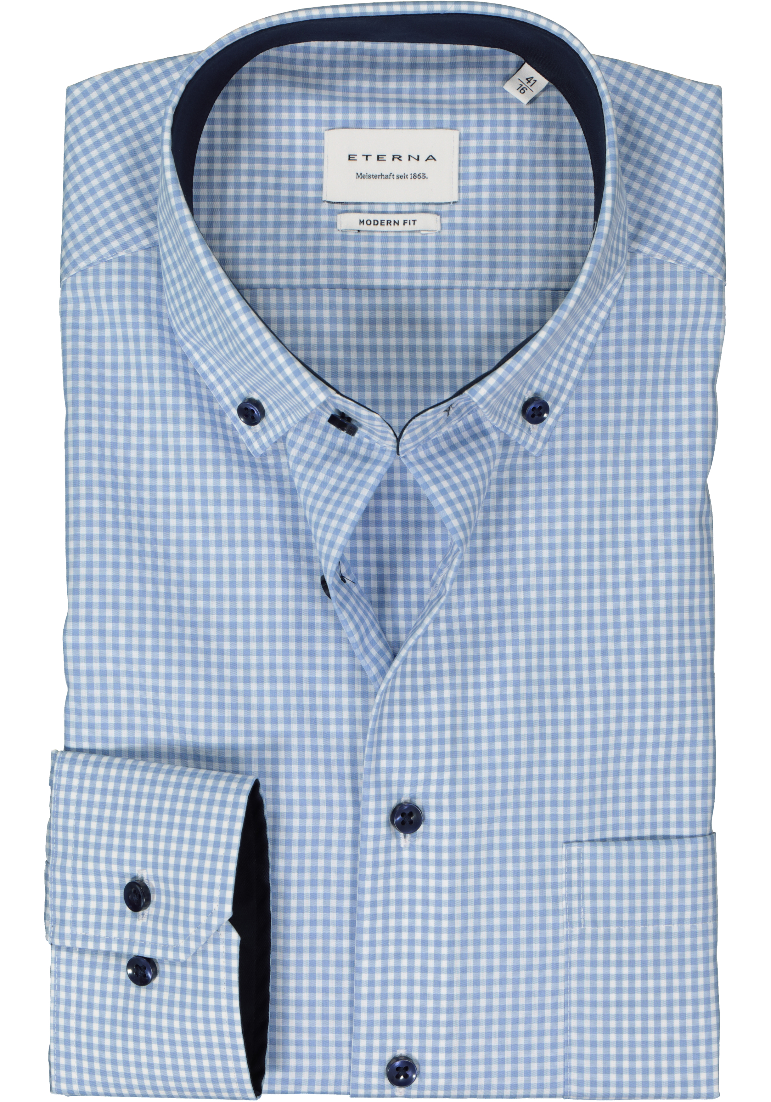 ETERNA modern fit overhemd, popeline, lichtblauw met wit geruit (contrast)