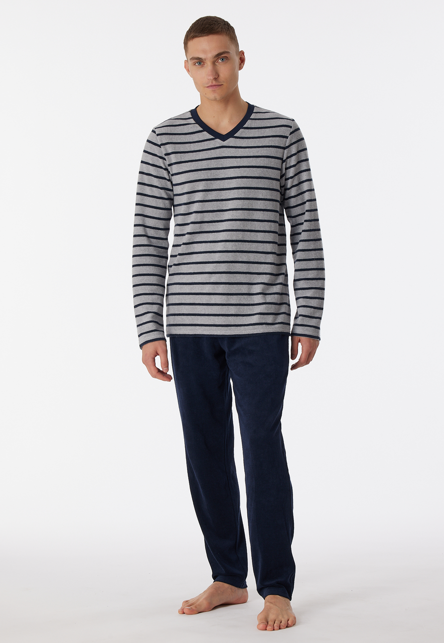 SCHIESSER Warming Nightwear pyjamaset, heren pyjama lang badstof V-hals gestreept grijs-melange