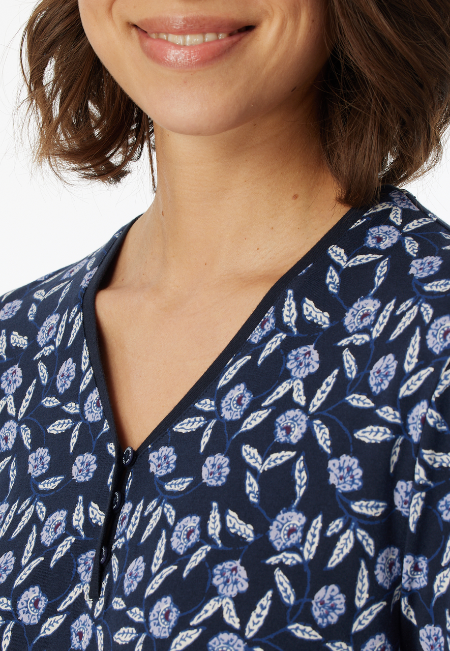 SCHIESSER Comfort Nightwear nachthemd, dames nachthemd lange mouwen biologisch katoen knoopsluiting bloemenprint nachtblauw