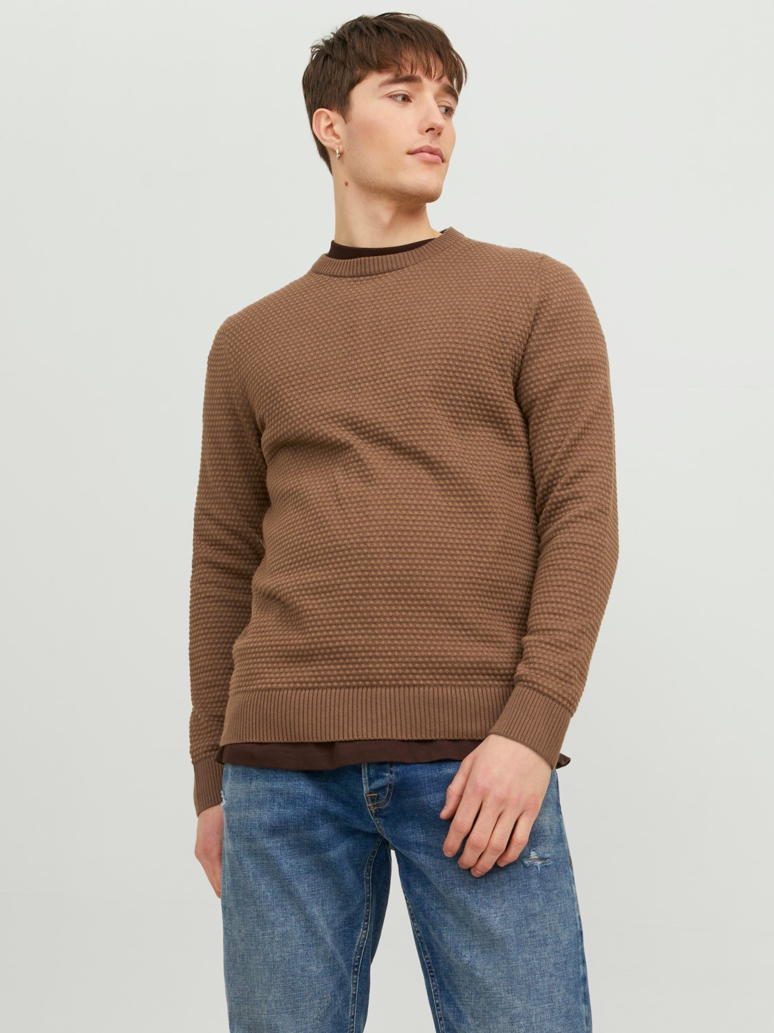 JACK & JONES Atlas knit crew neck slim fit, heren pullover katoen met O-hals, camel bruin melange