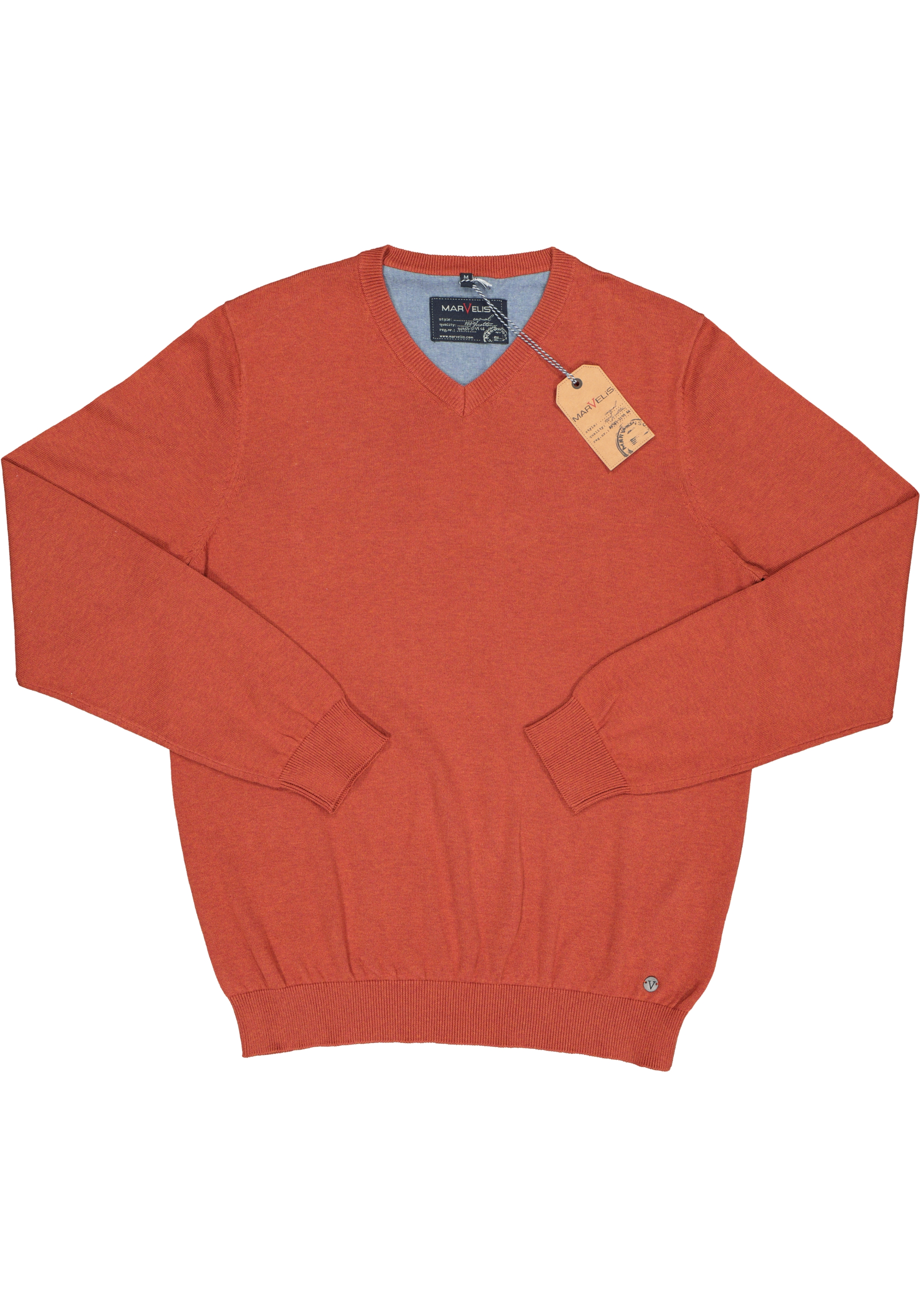 MARVELIS modern fit trui katoen, V-hals, roestbruin