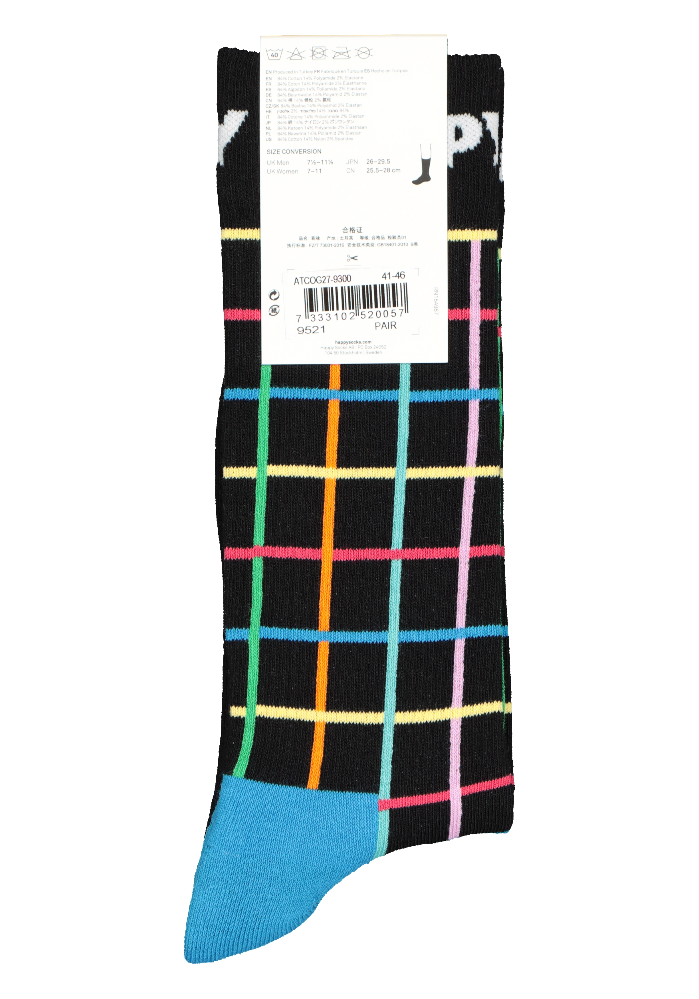 Happy Socks Color Grid Crew Sock, zwart met kleurtjes geruit