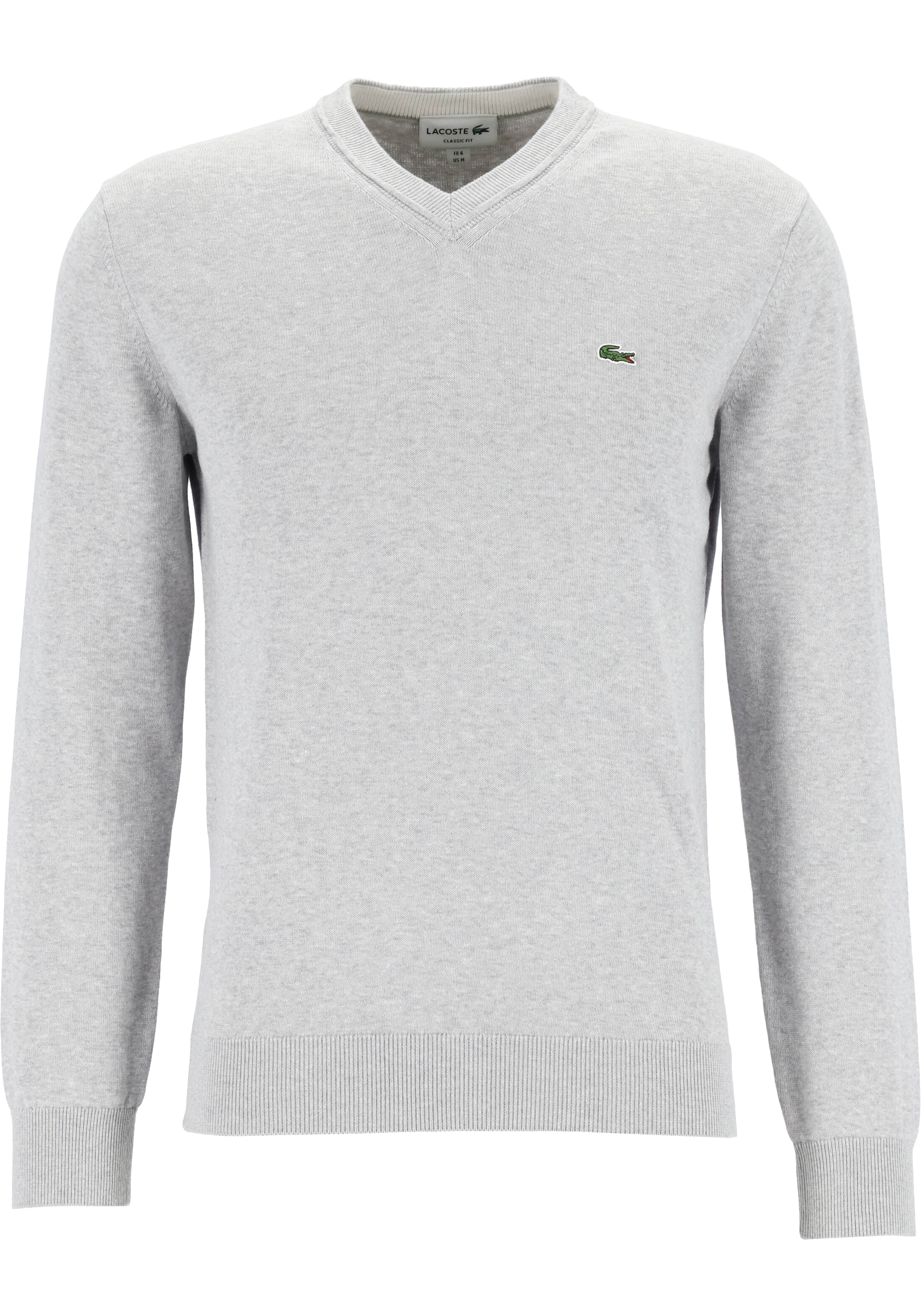 Lacoste trui katoen V-hals, gebreide heren trui, lichtgrijs melange
