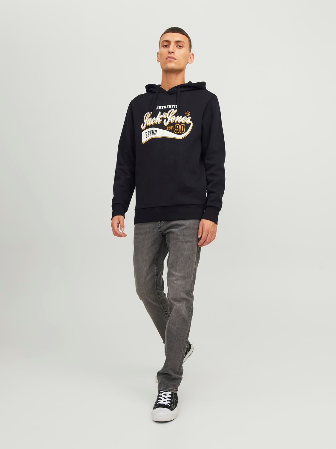 JACK & JONES Logo sweat hood regular fit, heren hoodie katoenmengsel met capuchon, zwart