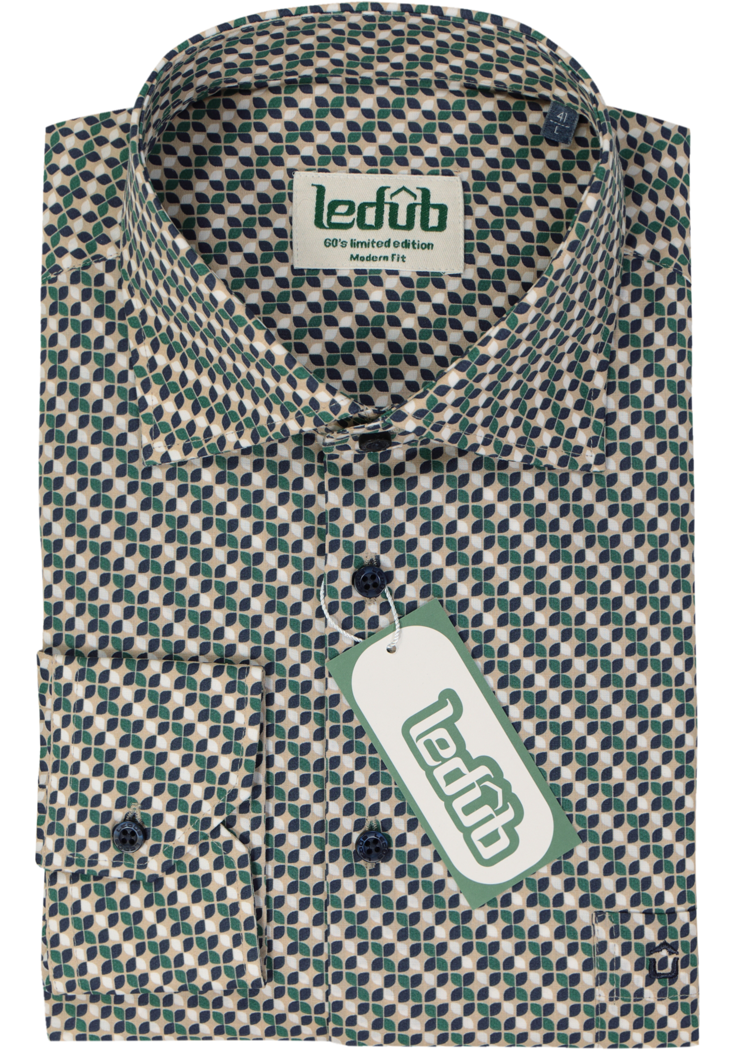 Ledub modern fit overhemd, popeline, middengroen dessin