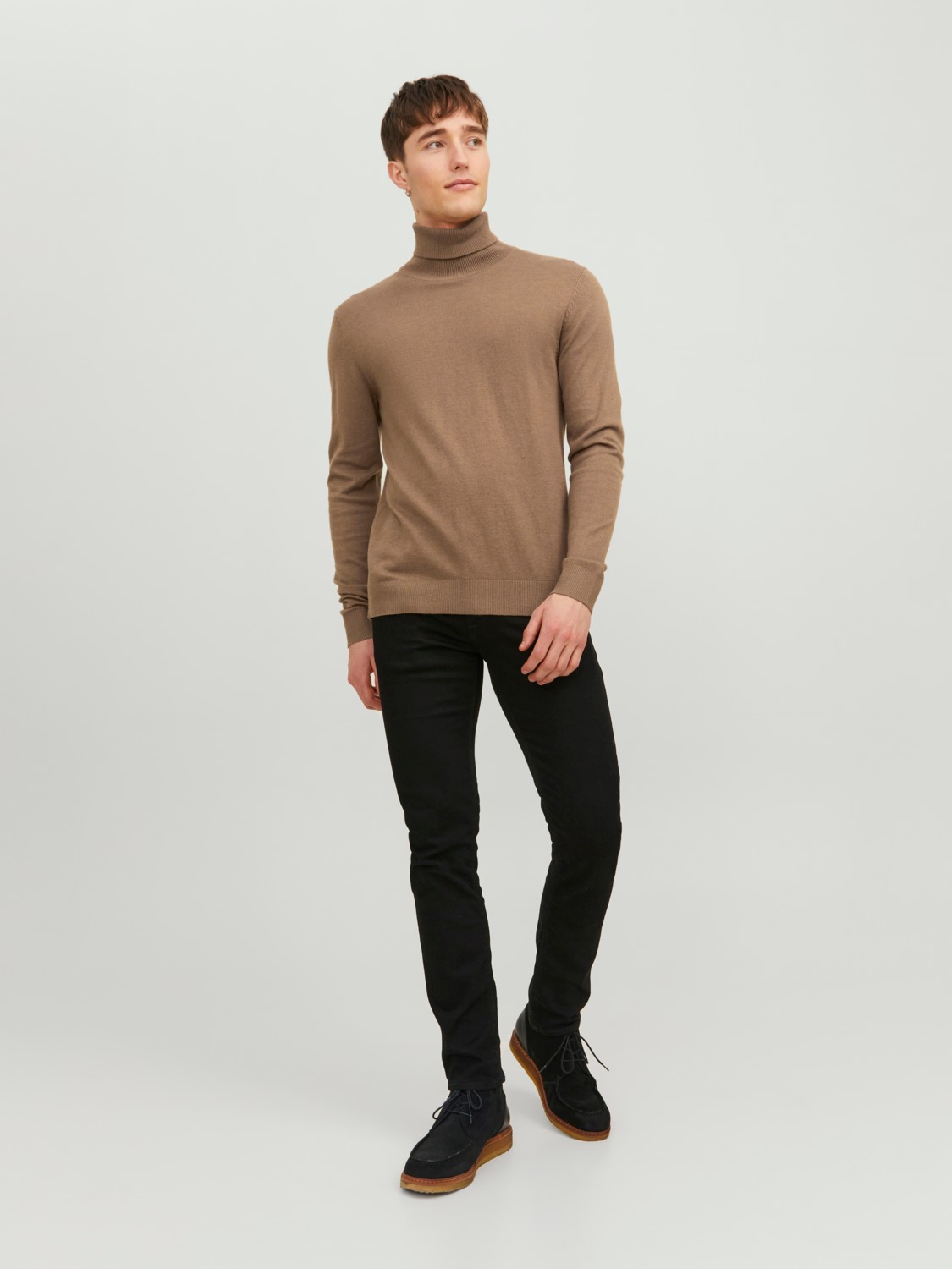 JACK & JONES Emil knit roll neck slim fit, heren pullover viscosemengsel met col, camel bruin