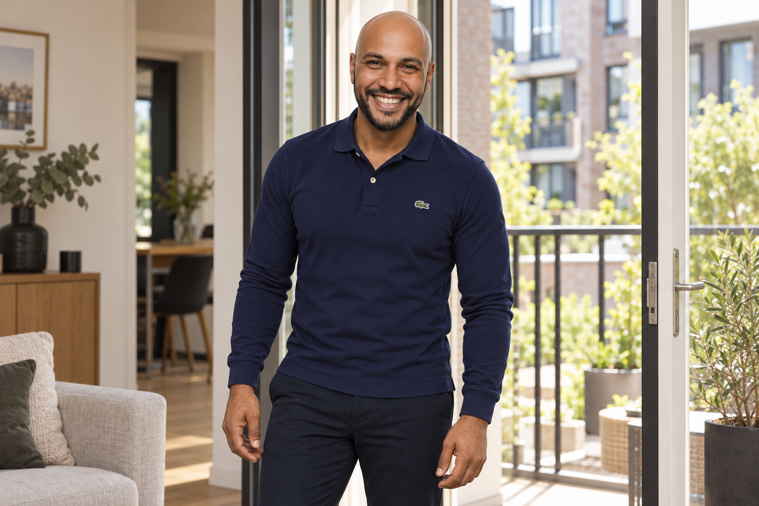 Mo staat bij een balkondeur met een donkerblauwe Lacoste-polo met lange mouwen los over een donkerblauwe chino.