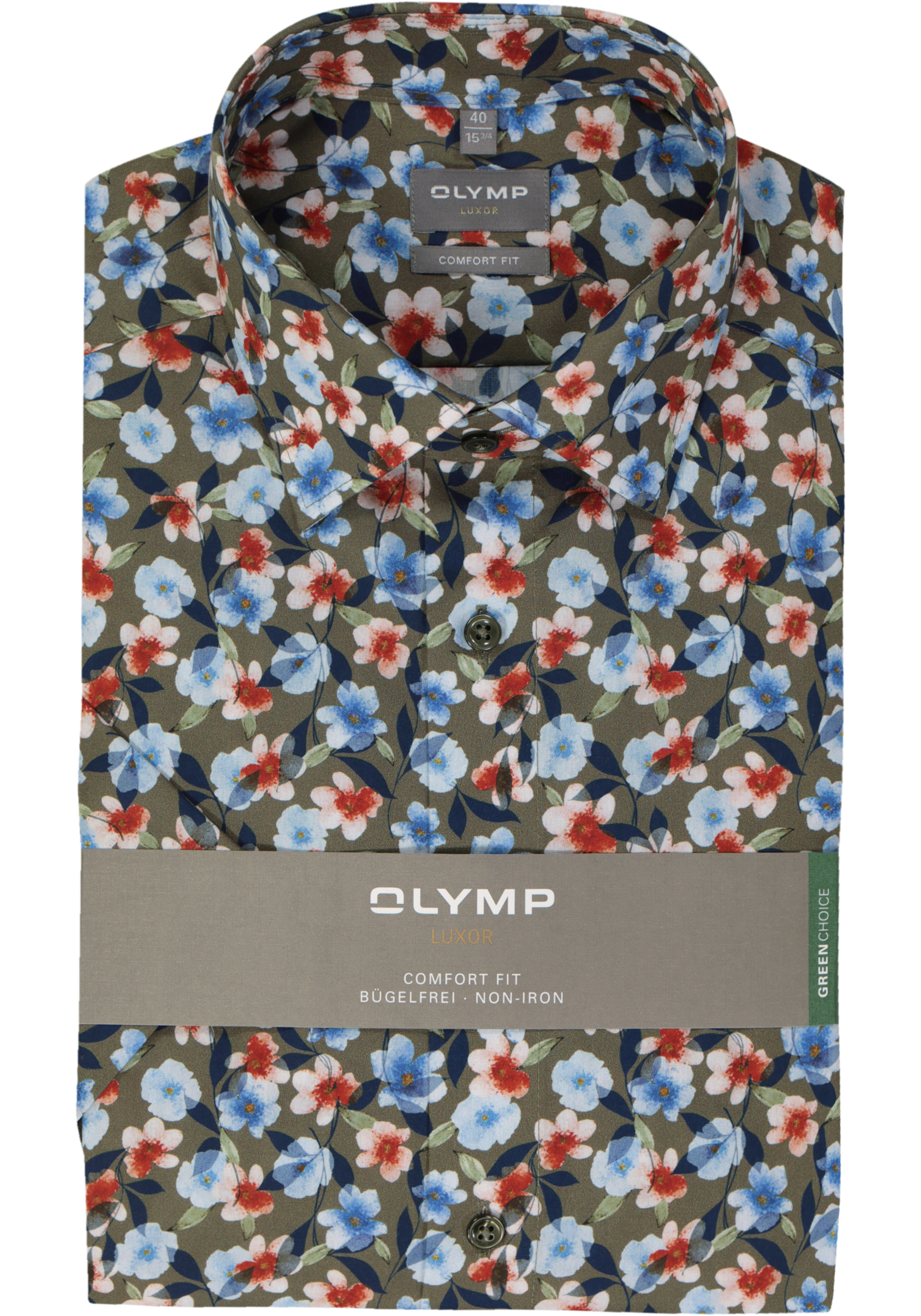 OLYMP comfort fit overhemd, korte mouw, popeline, groen met blauw, rood en wit bloemen dessin
