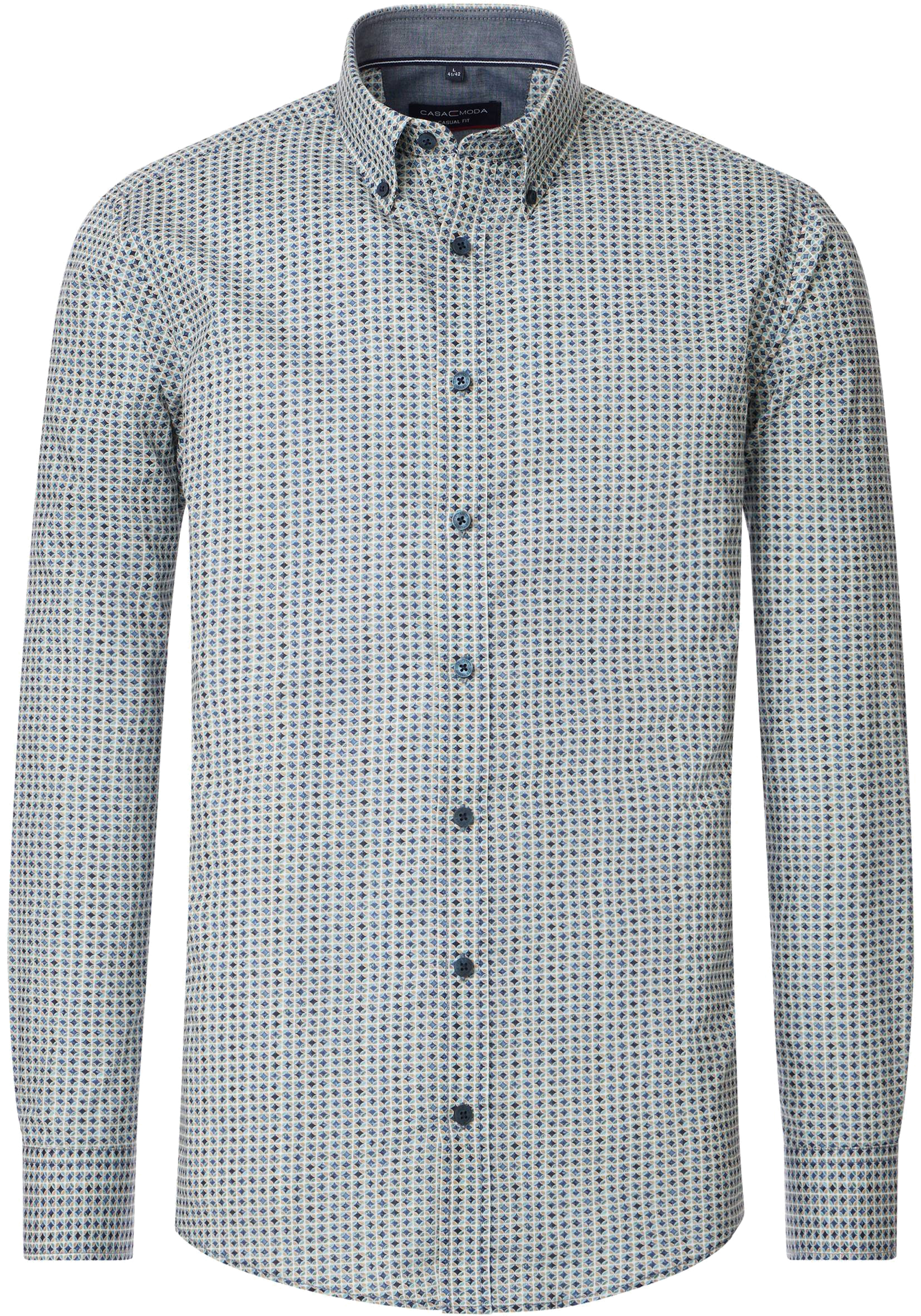 CASA MODA Sport casual fit overhemd, popeline, groen met blauw, beige en wit dessin