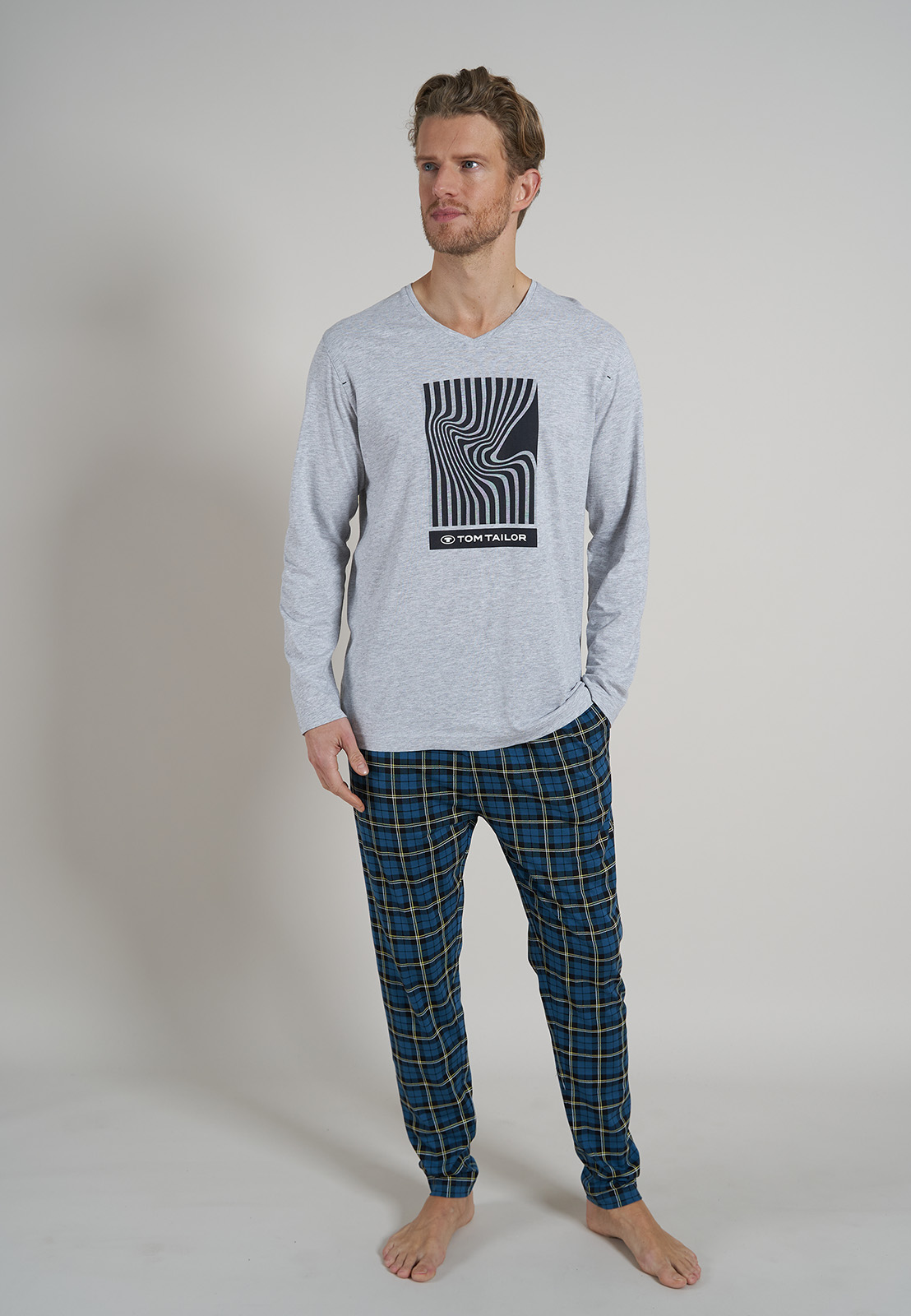 TOM TAILOR heren T-shirt lange mouw met V-hals (1-pack), lichtgrijs