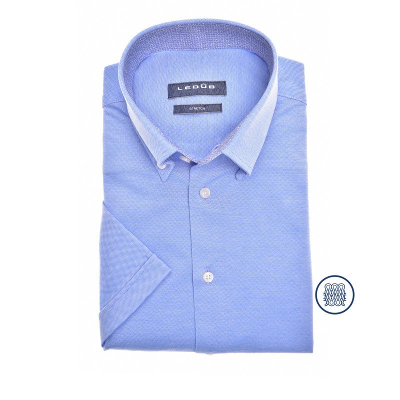 Ledub modern fit overhemd, korte mouw, middenblauw tricot